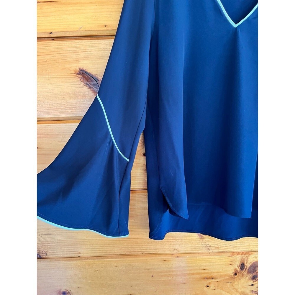 Calvin Klein Fairy Flowy Womens V-Neck Small Dark Blue Sleek Bell Sleeves - Picture 2 of 4